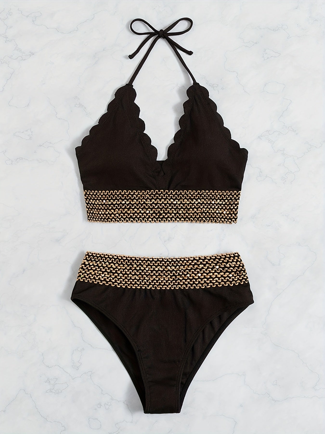 Scallop Trim Halter V Neck Bikini Set