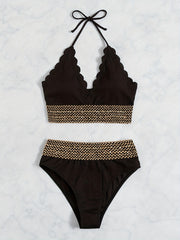Scallop Trim Halter V Neck Bikini Set