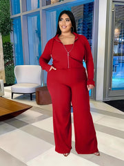  Solid Tube Top & Drawstring Hoodie & Wide Leg Pants Set