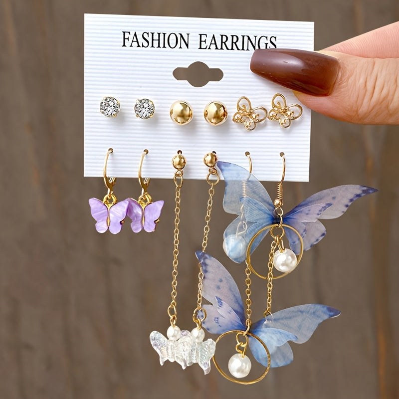 6 Pairs Butterfly Pearl Earrings Set