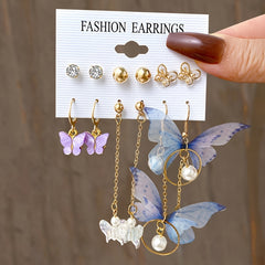 6 Pairs Butterfly Pearl Earrings Set