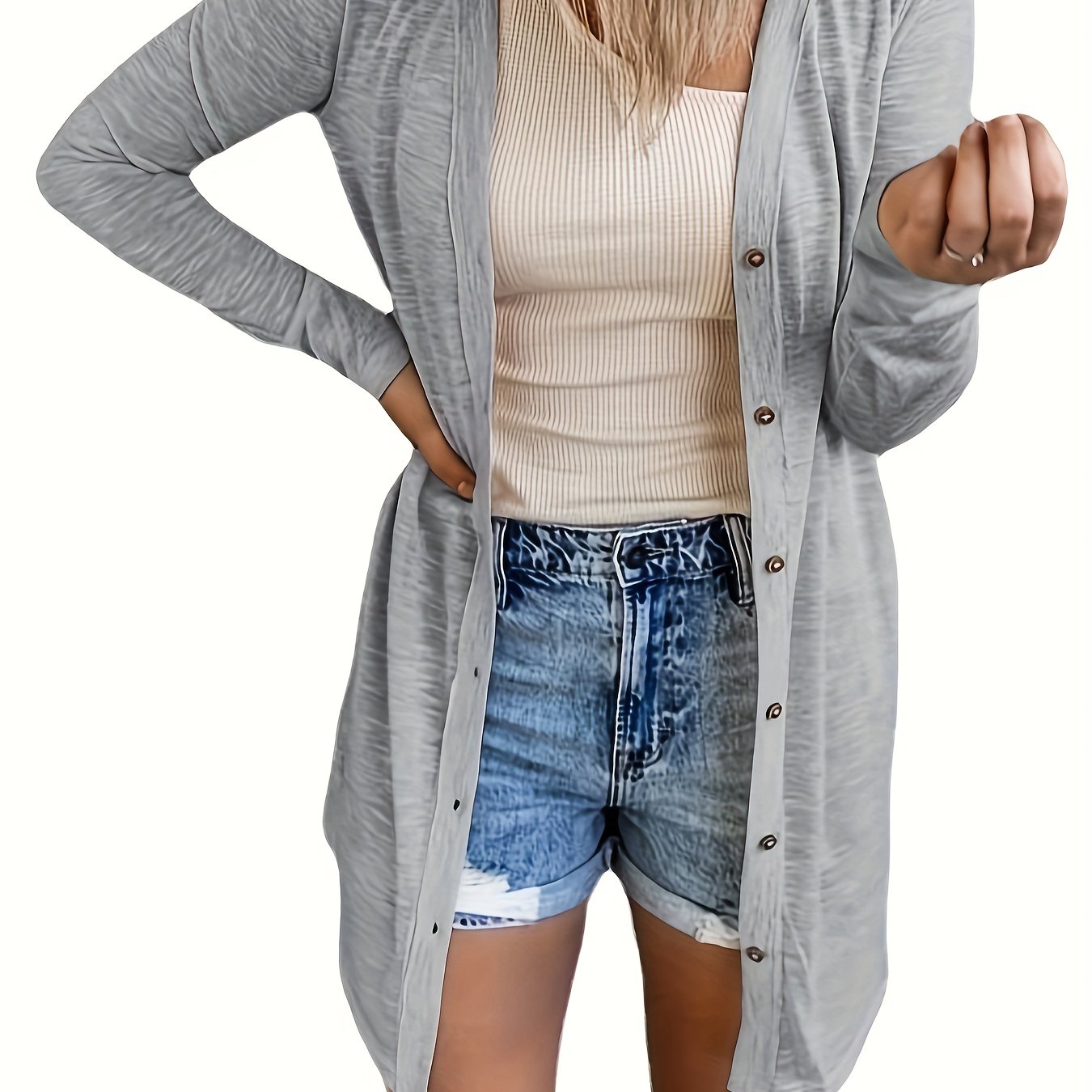  Solid Button Up Long Sleeve Cardigan