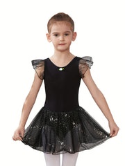 Flower & Cross Back Sequins Ballet Dress Girls Princes Puffy Skirt