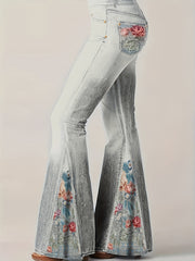  Denim Print Floral Panel Flare Pants