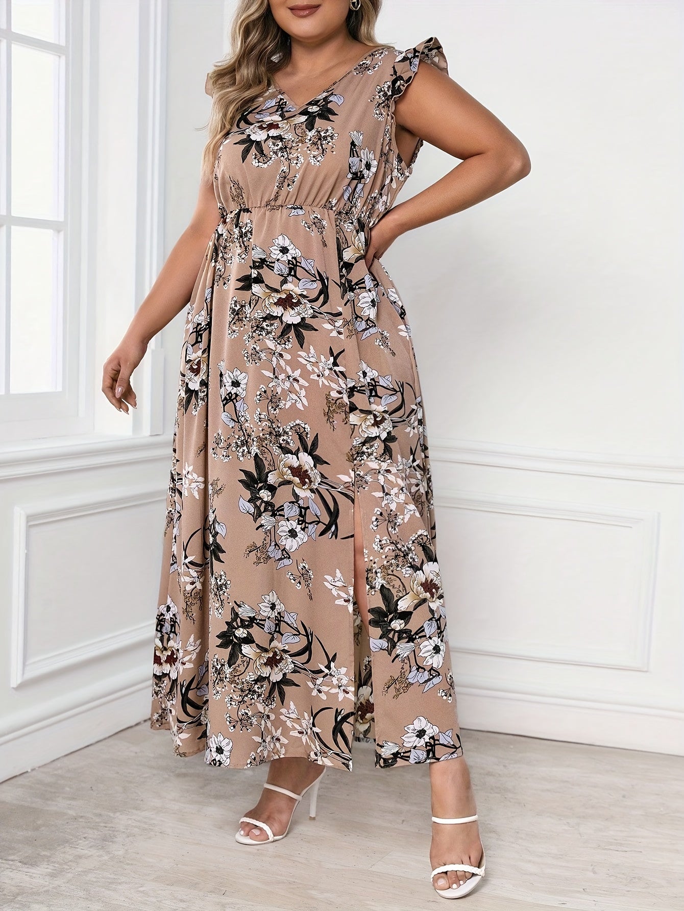  Floral Print Maxi Dress V Neck Butterfly Sleeve