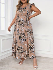  Floral Print Maxi Dress V Neck Butterfly Sleeve
