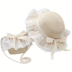 Kids Summer Straw Hat with Lace, Sunscreen Protection