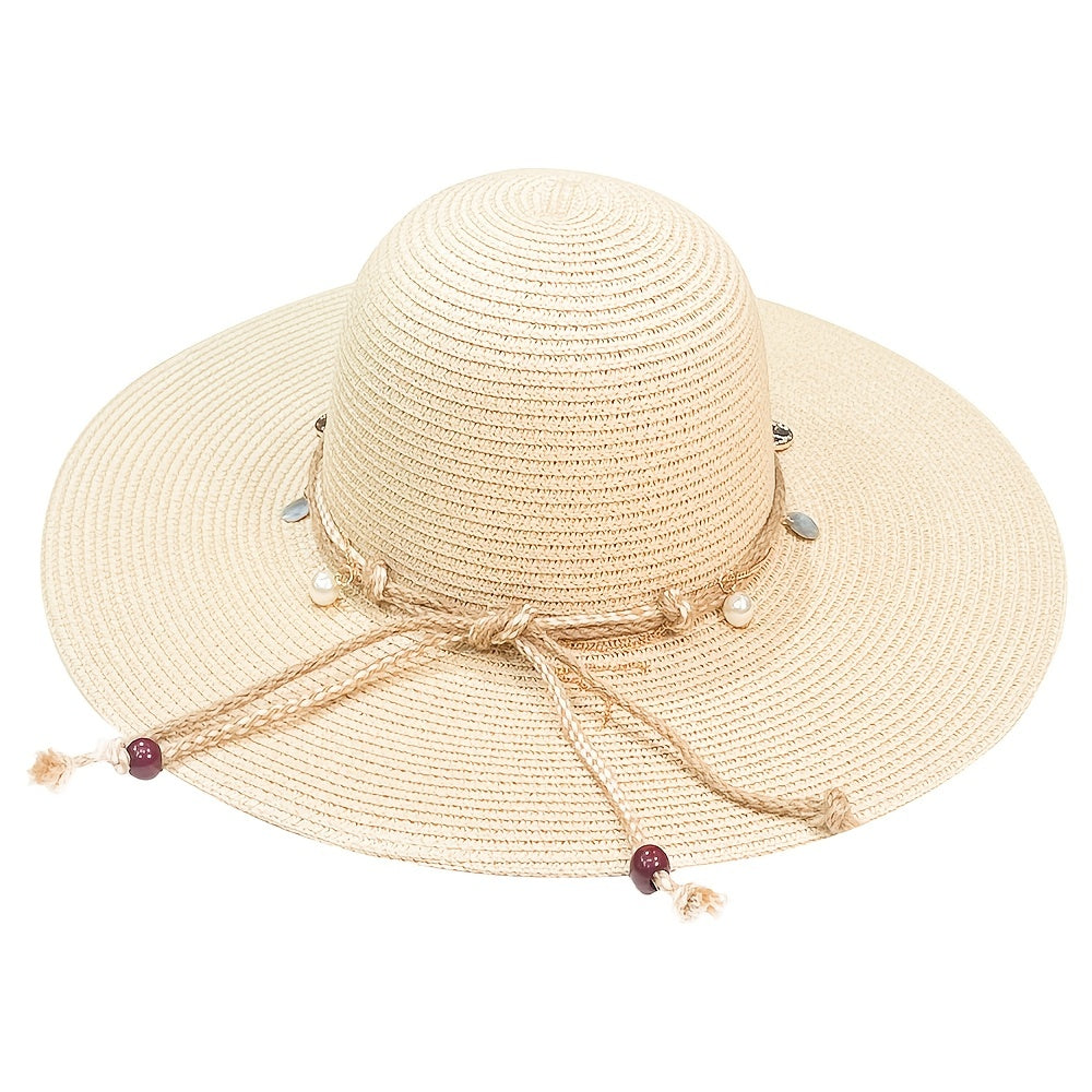 Boho Sun Hat Beads Solid Straw Foldable Travel Beach Hat