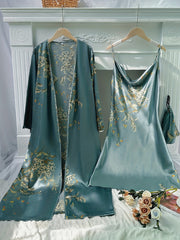 Floral Print Pajama Set & Robe Long Sleeve Sleepwear