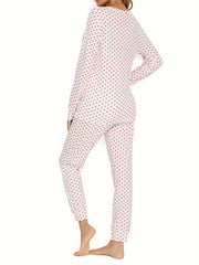 Heart Print Lounge Set Long Sleeve V Neck Top & Pants Women's