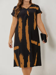 Casual Dress Women's Plus Brush Print Batwing Sleeve V Neck Dress