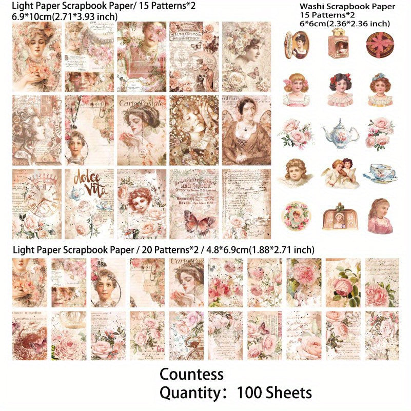 100 Sheets Vintage Literary Characters Scrapbooking Supplies Set