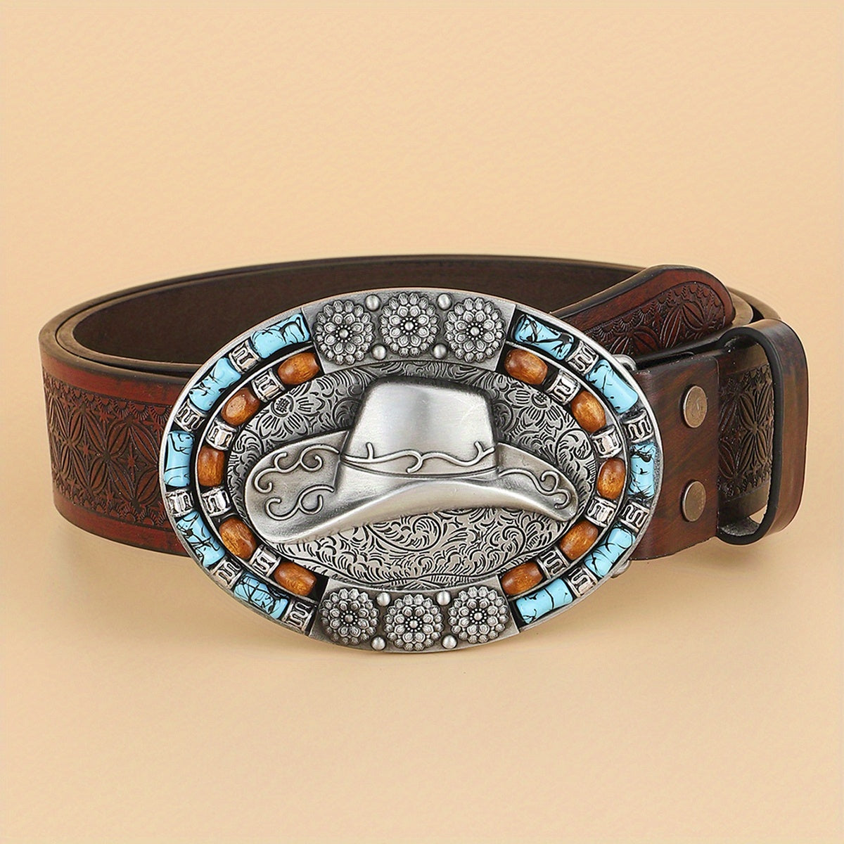 Western Cowboy Vintage Belt Embossed Leather Belt Bohemian Style Hat Buckle