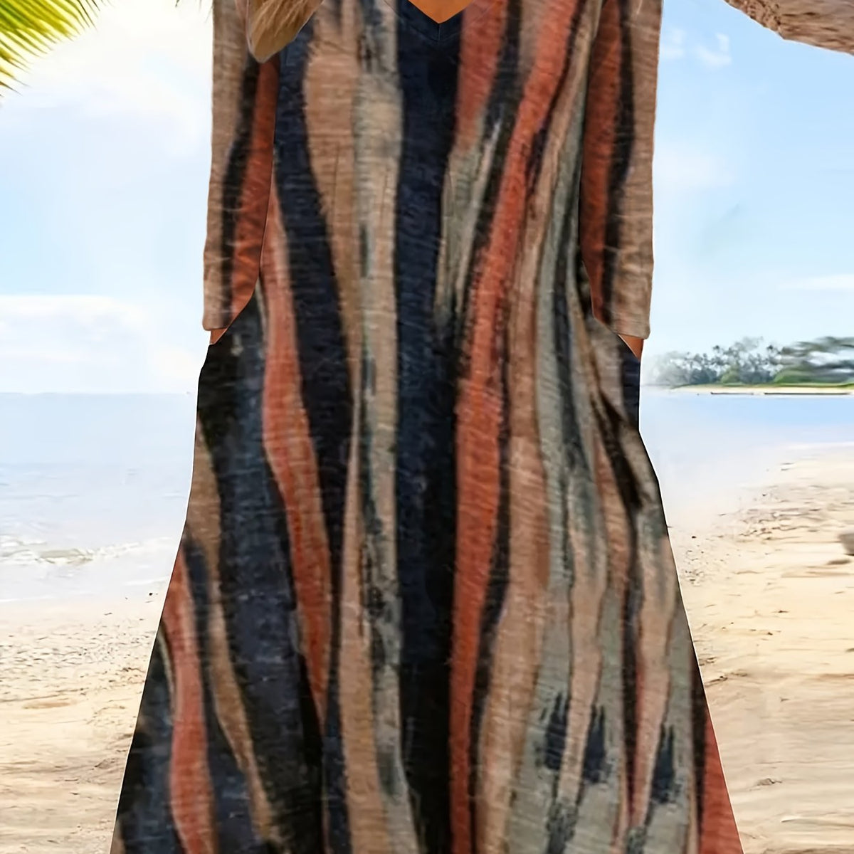  Brush Print Long Sleeve Maxi Dress With Pockets