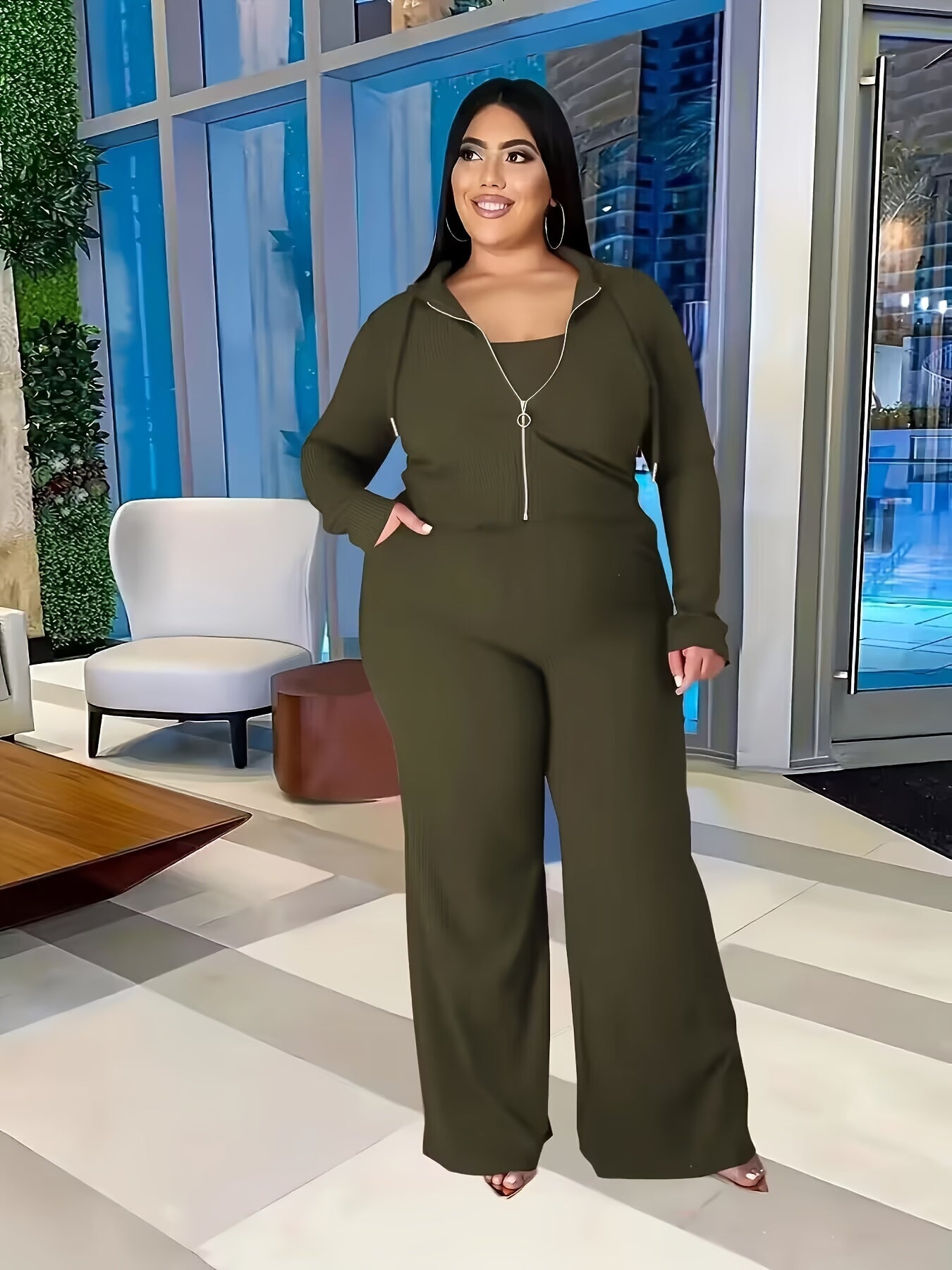  Solid Tube Top & Drawstring Hoodie & Wide Leg Pants Set