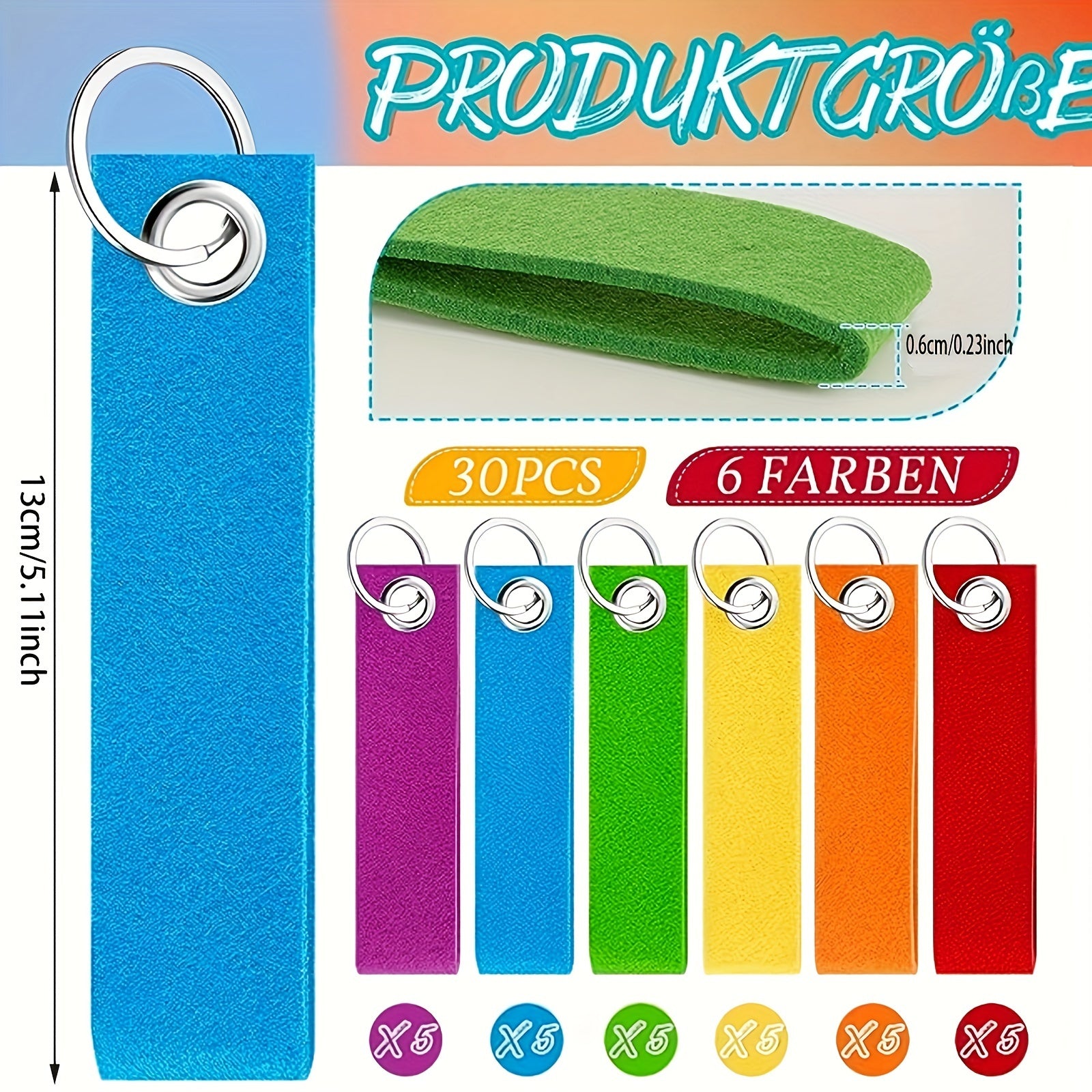30pcs DIY Rainbow Felt Keychains Blank & Plush Keychains 6 Colors