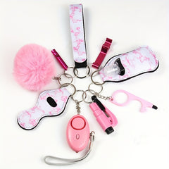 9pcs Women's Keychain Set: Alarm, Travel Bottle, Accessories
