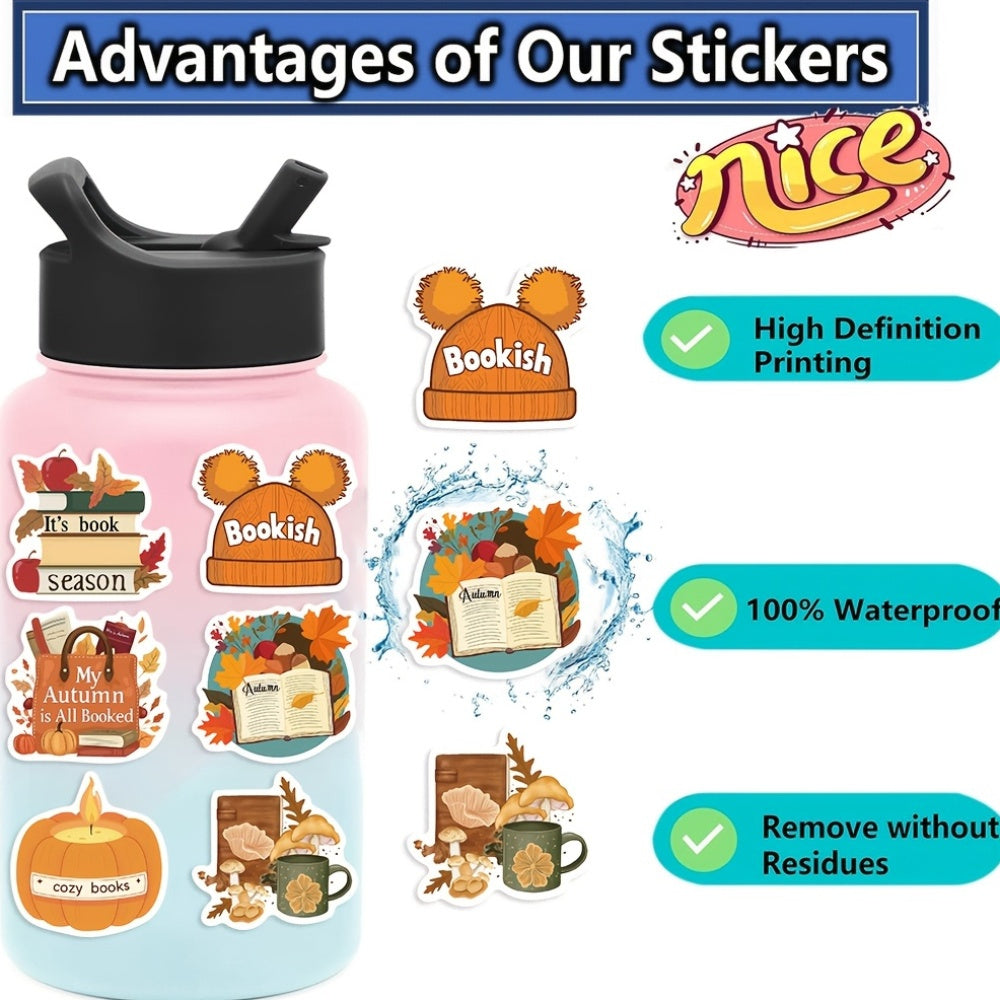 50pcs Bookish Fall Stickers Cartoon Book Nerd Decals Adhesive Paper Stick