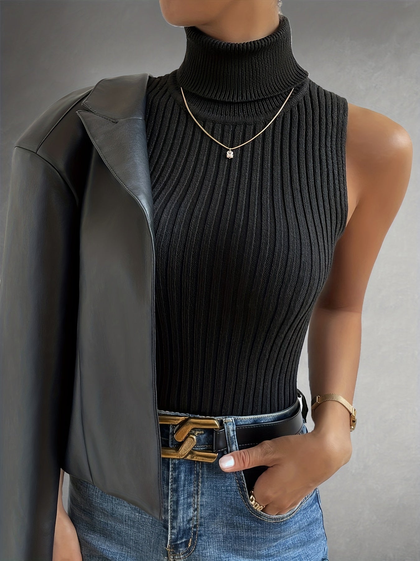 Solid Turtle Neck Sweater Vest Bodycon Stylish Women's Clothing