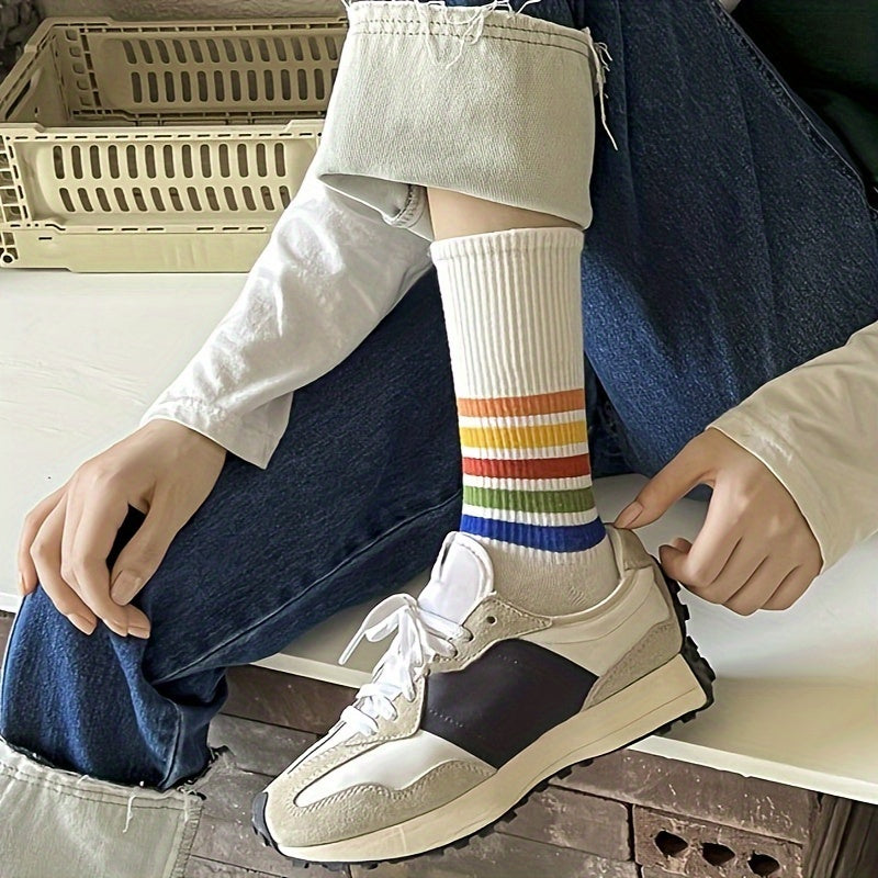 5 Pairs Rainbow Striped Socks Mid Tube Women's Stockings
