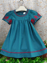 Girls Floral Embroidery Short Sleeve Cotton Dress Boho Style