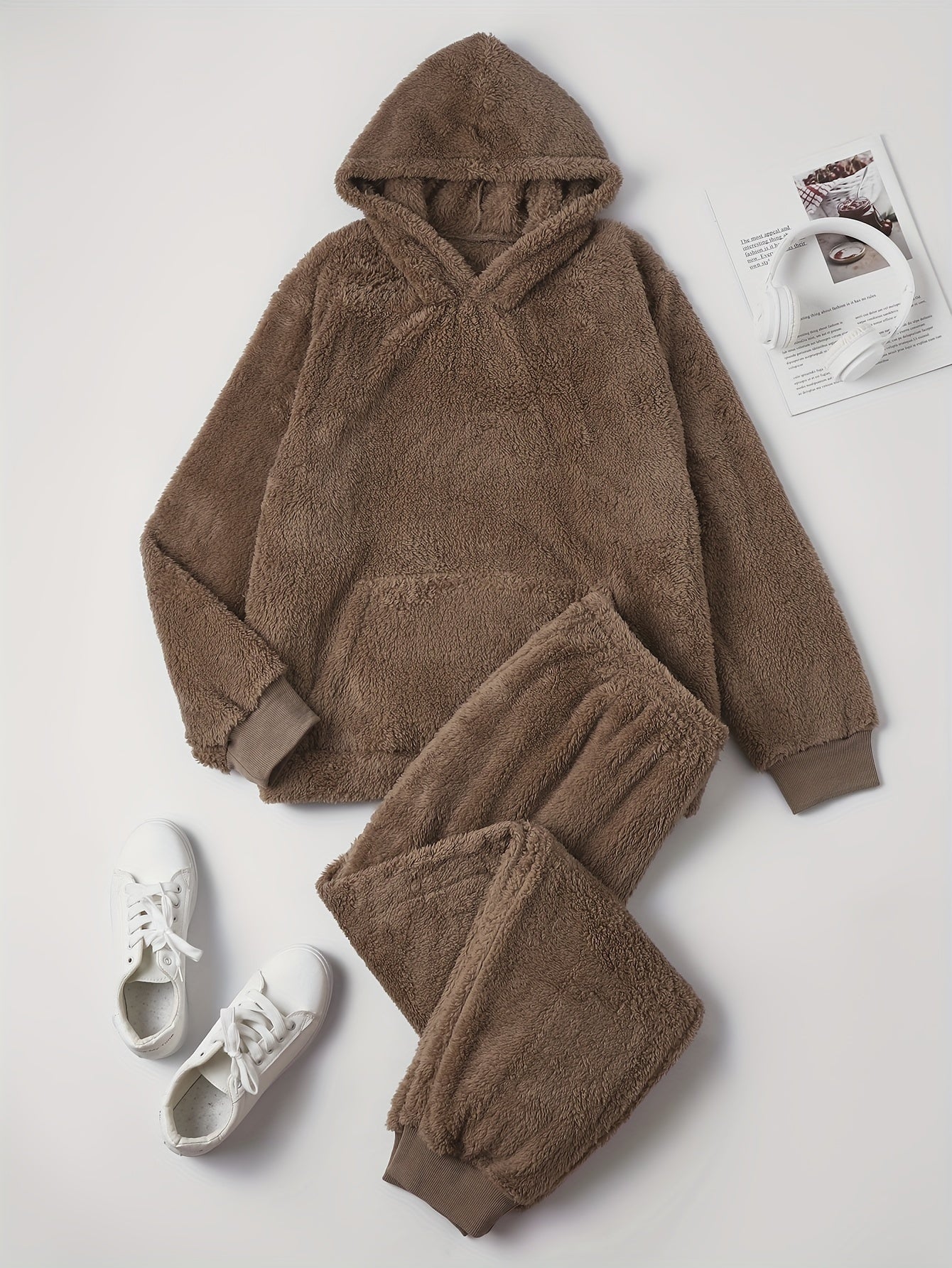  Teddy Fleece Hooded Sweatshirt & Joggers Set