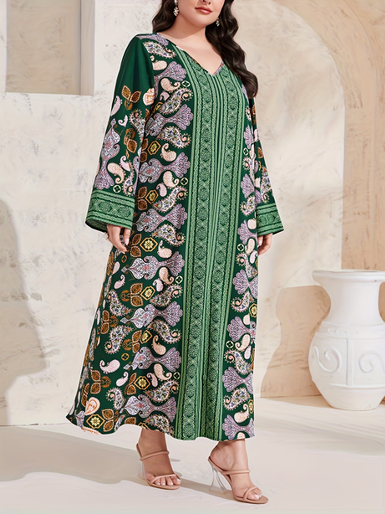  Abaya Dress Women's Plus Paisley Floral Geometric Print Long Sleeve