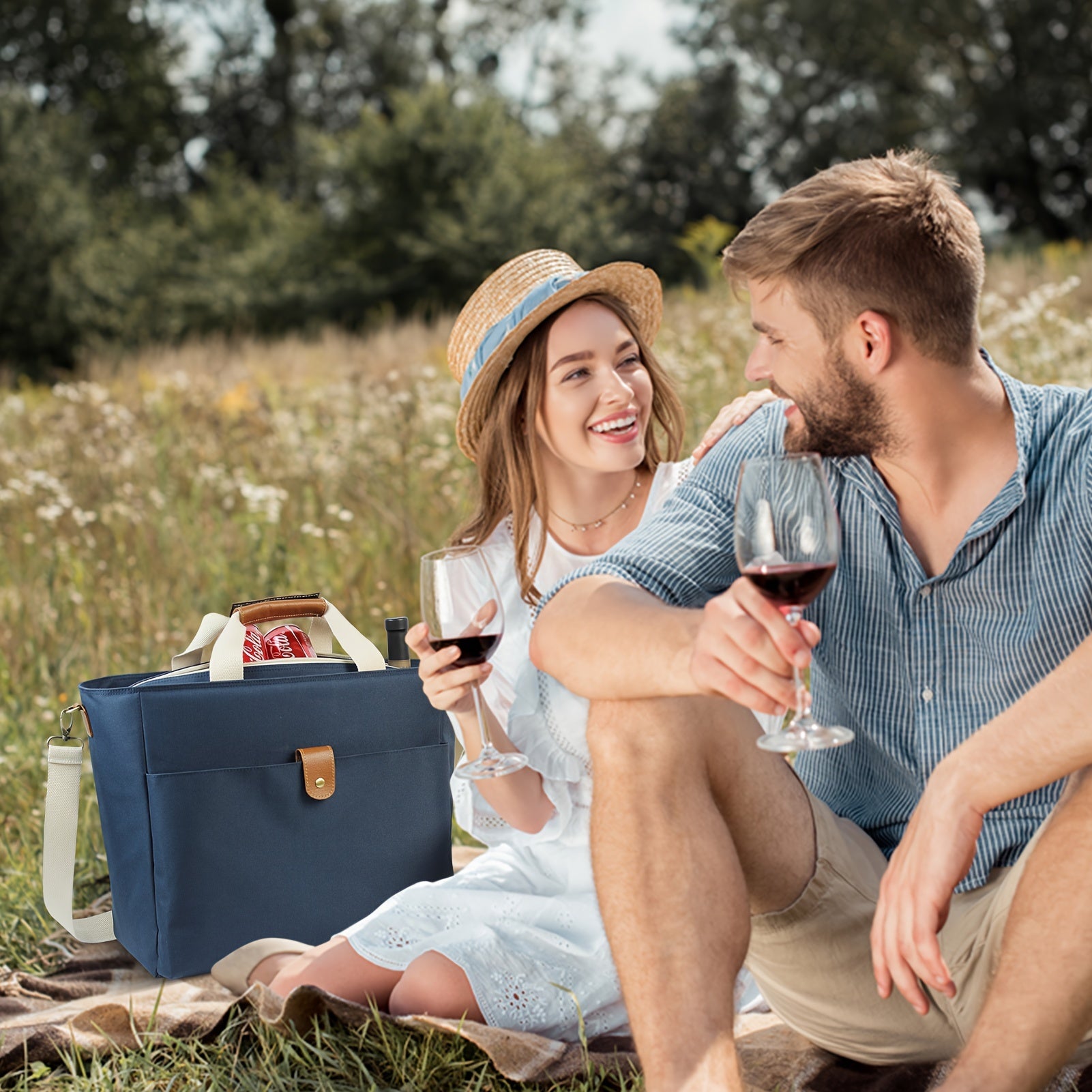 40L Insulated Picnic Cooler Tote Bag Navy Faux Leather Handles