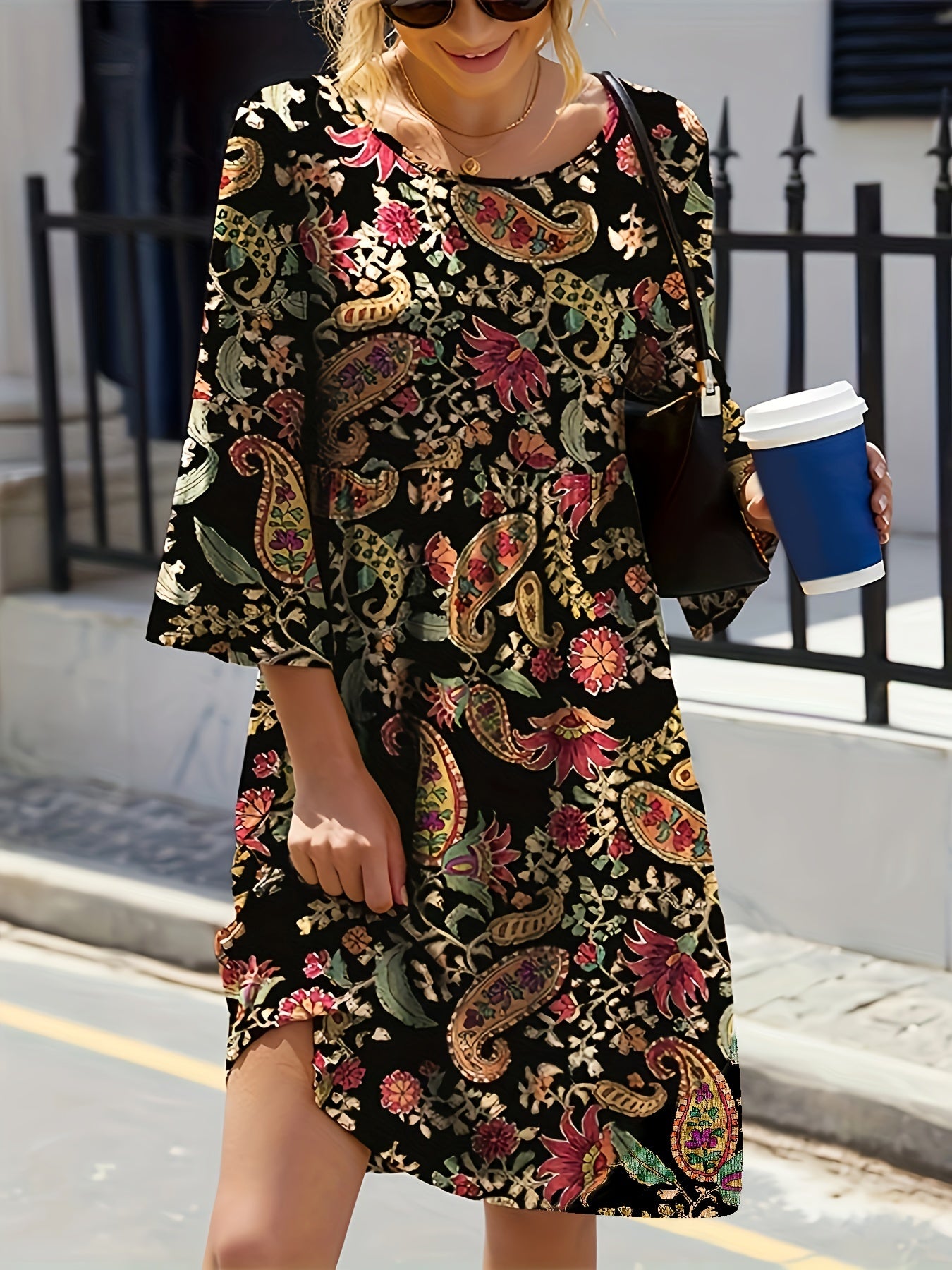  Paisley Floral Print Long Sleeve Boho Dress