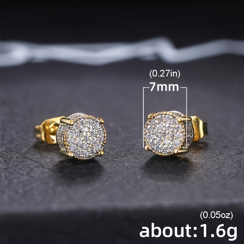 Round Stud Earrings Paved CZ Stone Silver Golden Ear Jewelry