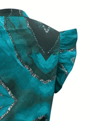 Marble Print Ruffle Trim Top & Solid Tucked Pants Set