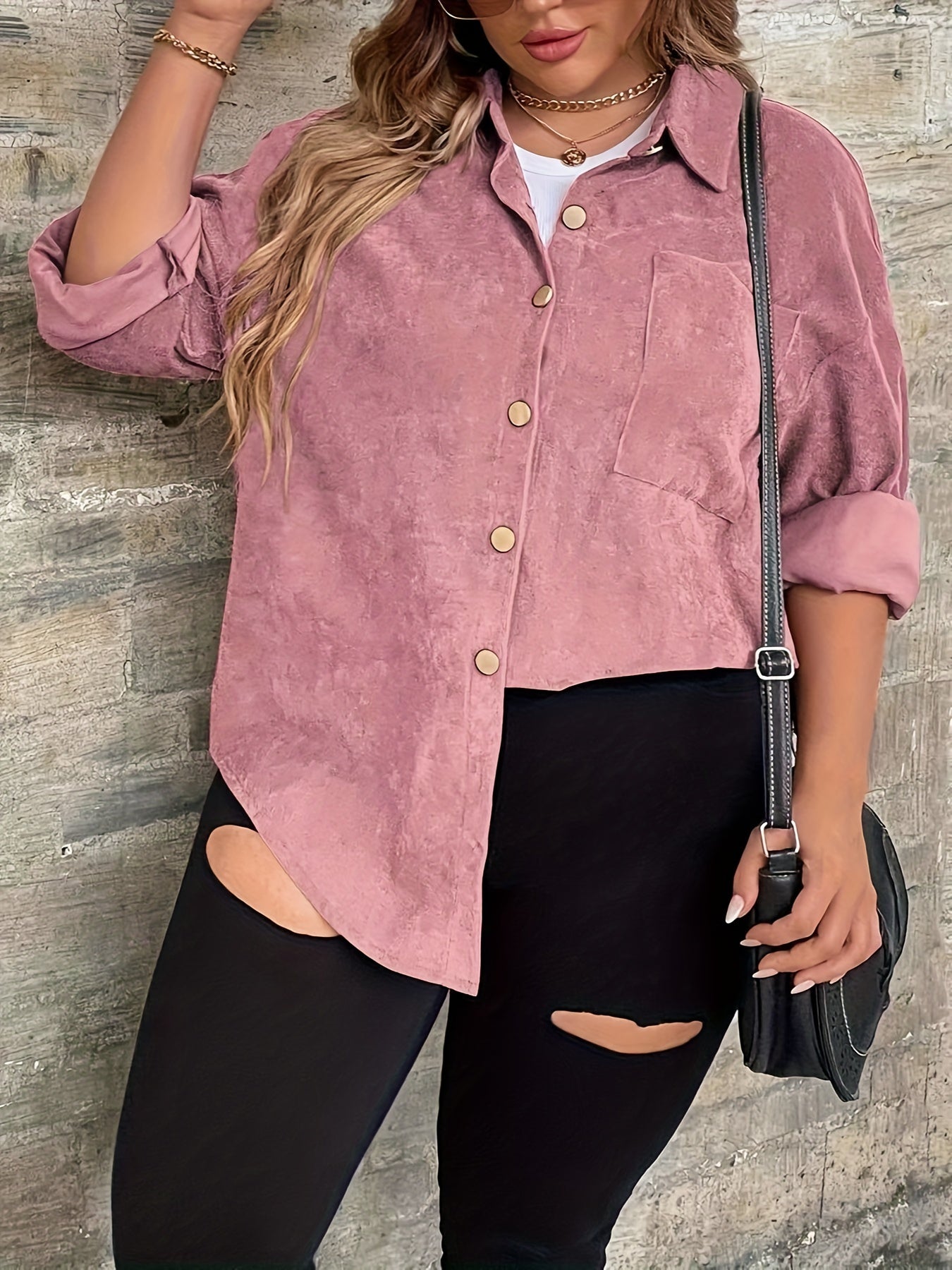  Solid Button Up Long Sleeve Blouse