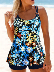  Floral Print Tankini Set Women's Round Neck Cami Top & Shorts Swimsuit