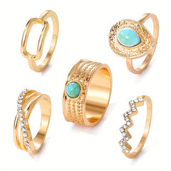 Vintage Golden Ring Set Inlaid Rhinestone Devil Eye Sun Snake Pattern
