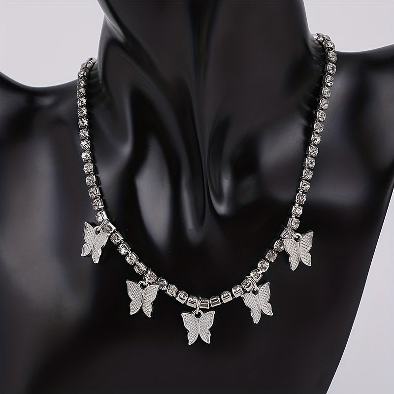 Double Row Butterfly Rhinestone Necklace
