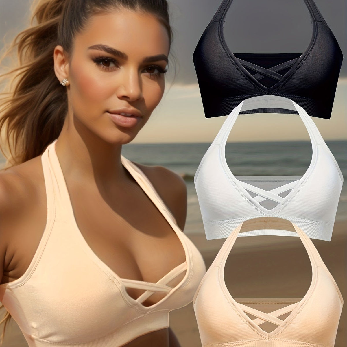 3pcs Wireless Halter Sports Bras Comfy & Breathable Push Up Bra