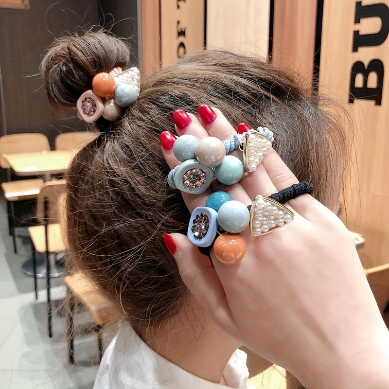 2pcs Candy Beaded Hair Tie Faux Pearl Decor Hair Rope Knitted Hair Tie