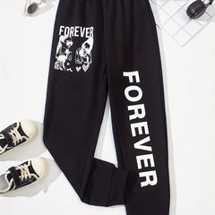 Kid Girls' Street Portrait & Letter Print Jogger Sweatpants