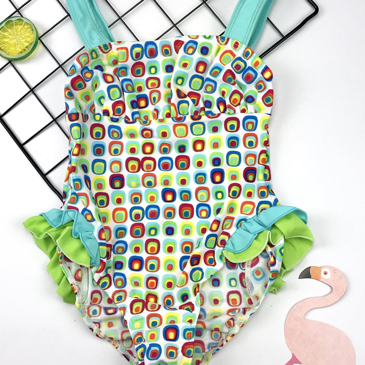 Toddler Girl's Geometric Pattern Onesie Swimsuit Ruffle Tankini Camisole