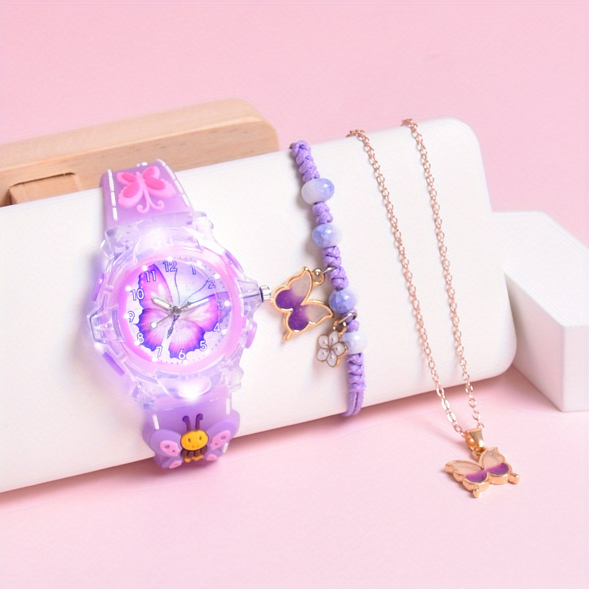 3pcs Girls Butterfly Suit Set: Watch, Necklace, Non-Rechargeable But