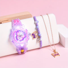3pcs Girls Butterfly Suit Set: Watch, Necklace, Non-Rechargeable But