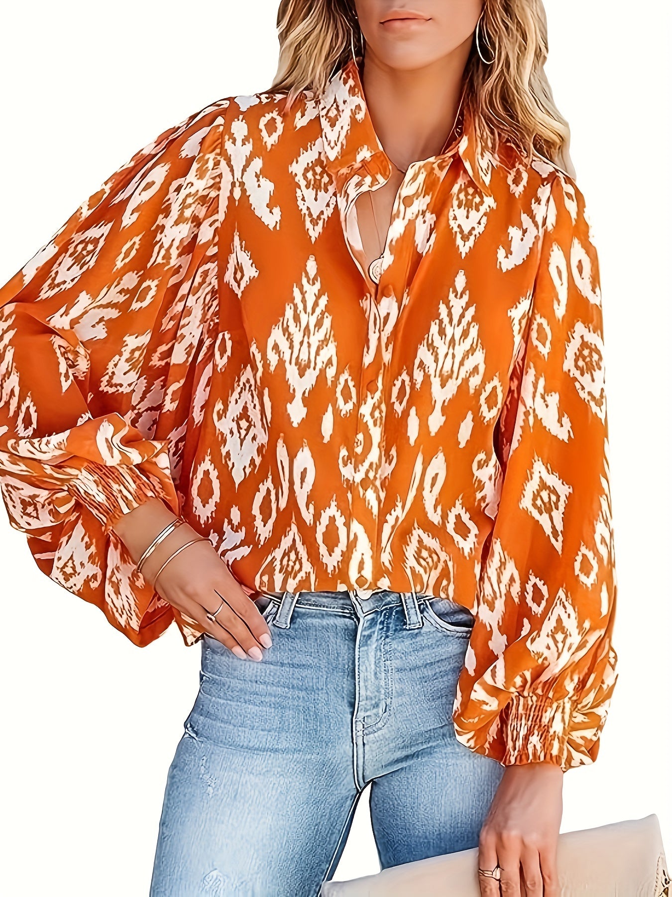  Ikat Print Button Up Lantern Sleeve Blouse