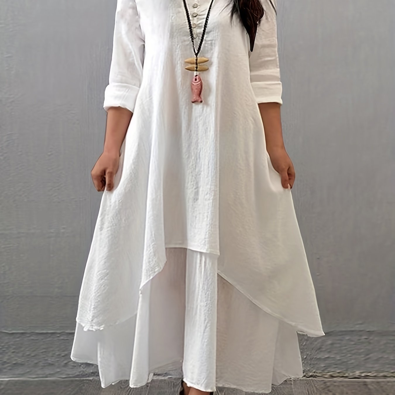  Button Decor Ruched V Neck Maxi Dress