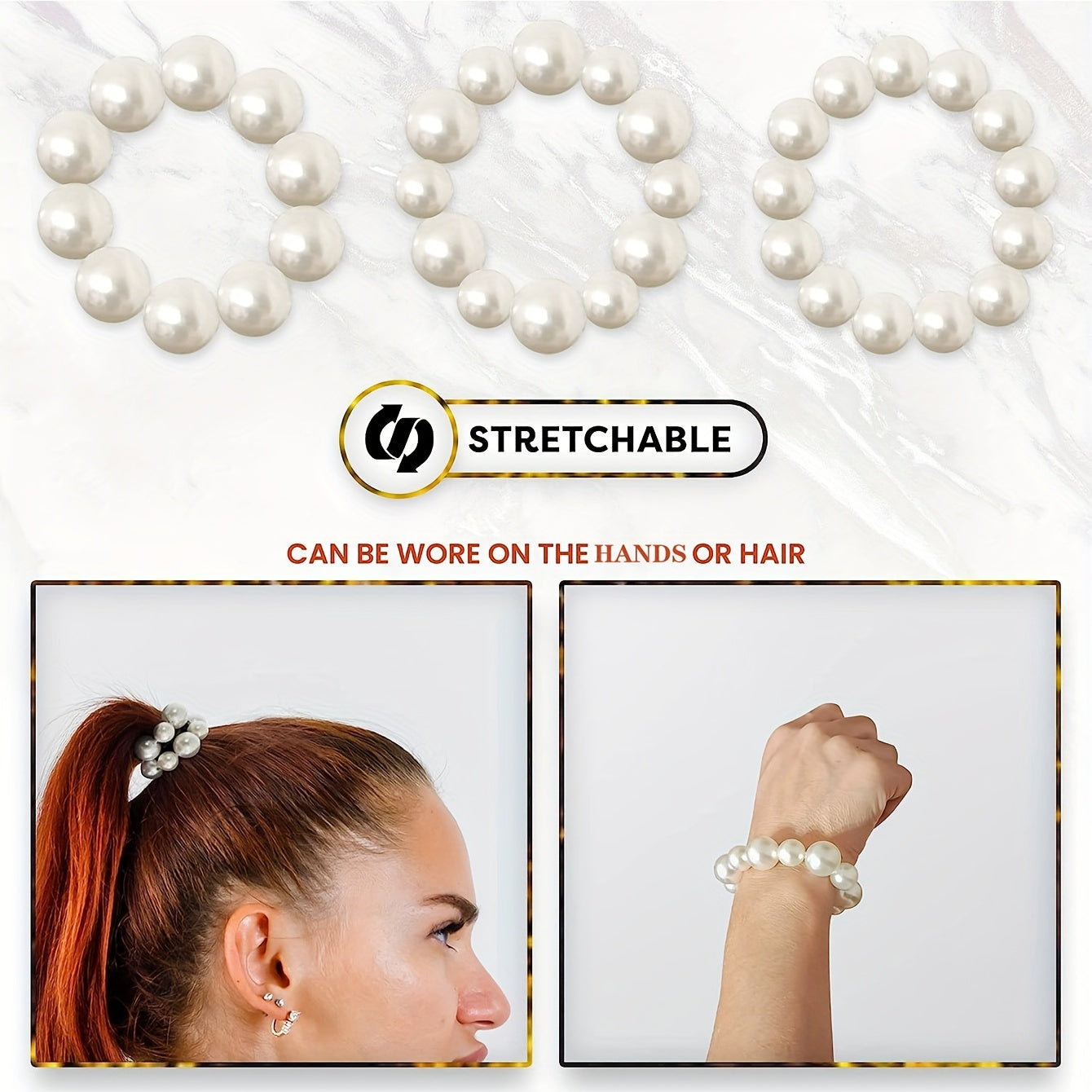 3pcs Faux Pearl Bracelet Hair Tie Resin Hair Rope Elastic Ponytail Holder