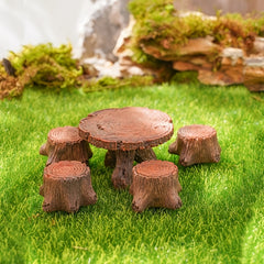 5pcs Mini Wooden Pile Table Chair Resin Ornaments Gardening Landscape Accessory