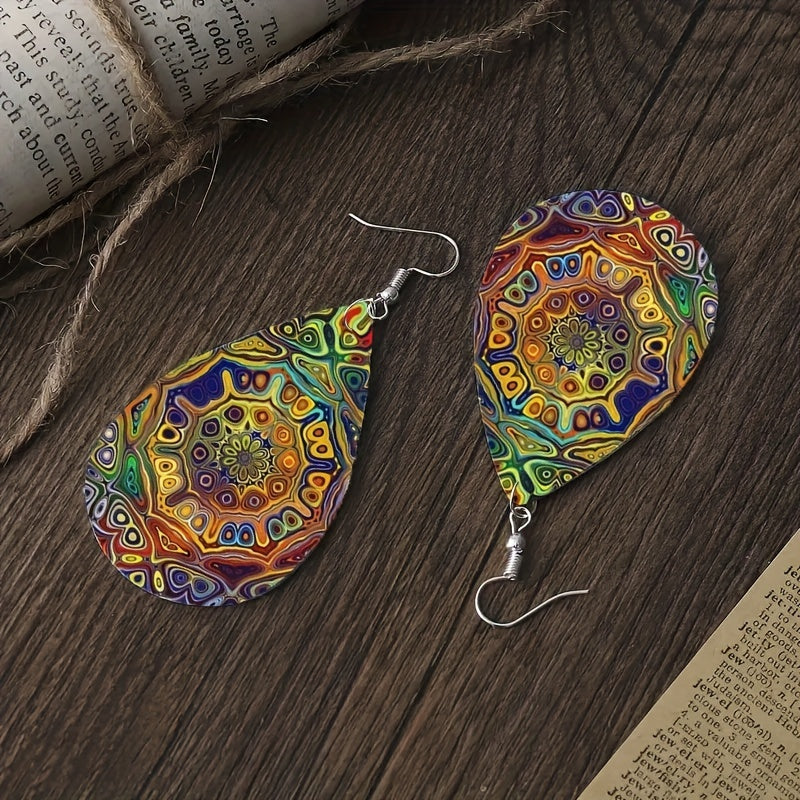 Boho Patterned Leather Teardrop Earrings for Men
