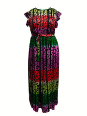  Leopard Print Ruffle Sleeve Maxi Dress with Belt