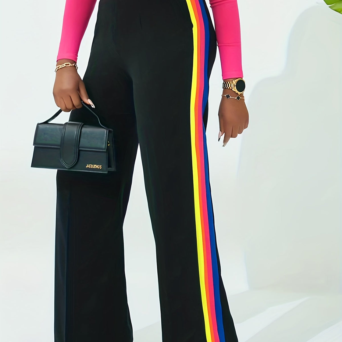  Colorful Stripe Print Wide Leg Trousers