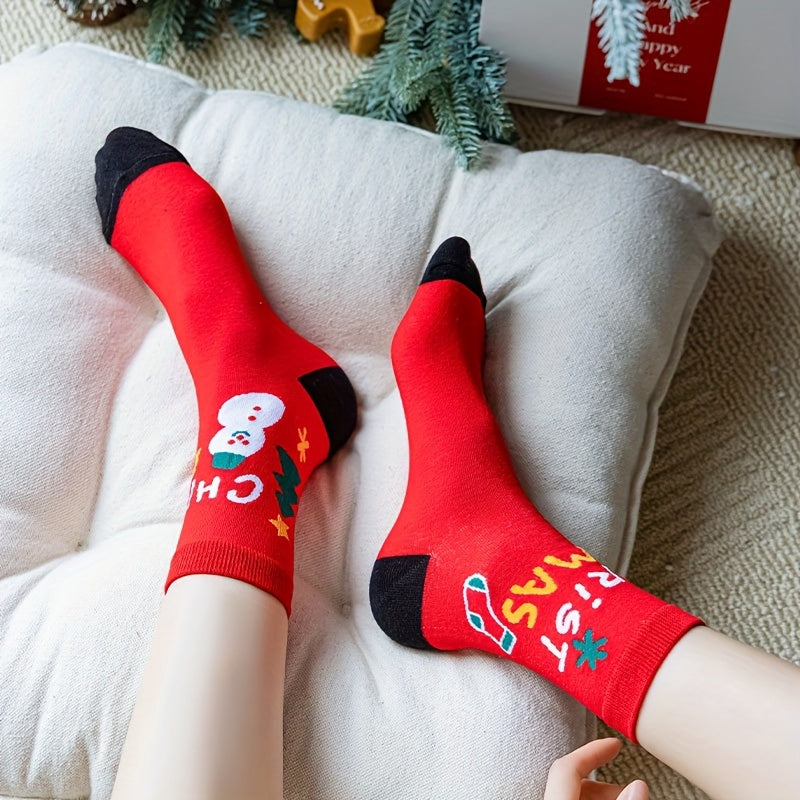 4 Pairs Christmas Letter Print Socks Women's Mid Tube Stockings