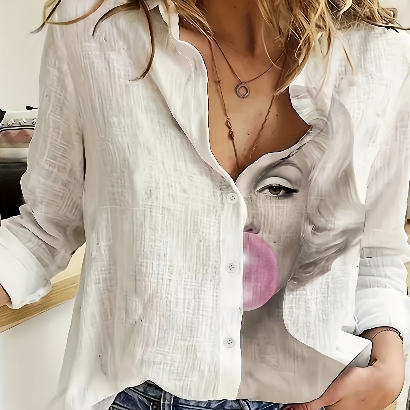  Colorblock Figure Print Button Up Blouse